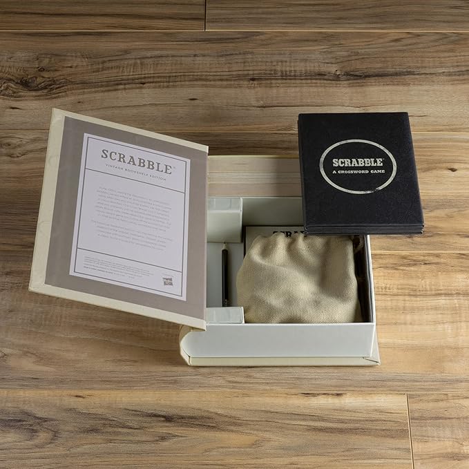 WS Game Company Scrabble Vintage Bookshelf Edition Linen Fabric-Wrapped Book Case with Solid Wood Tiles and Racks Classic Retro Scrabble Board Game for Family Night 2 to 4 Players Ages 8+