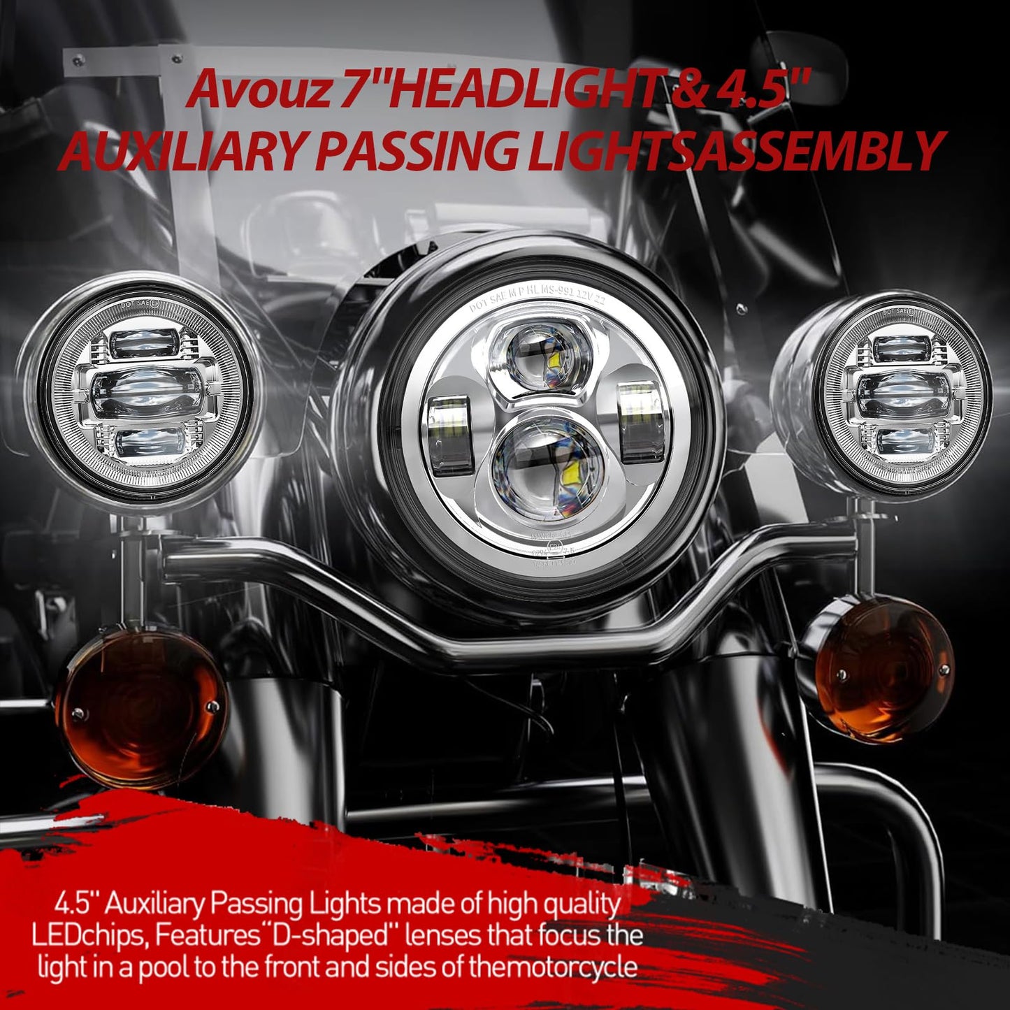 7 Inch Motorcycle LED Headlight 4.5" Fog Passing Lights DOT Kit for Harley Davidson Street Glide Touring Road King Electra Glide Fat boy Ultra Classic Heritage Softail Switchback CVO Tri Glide Chrome