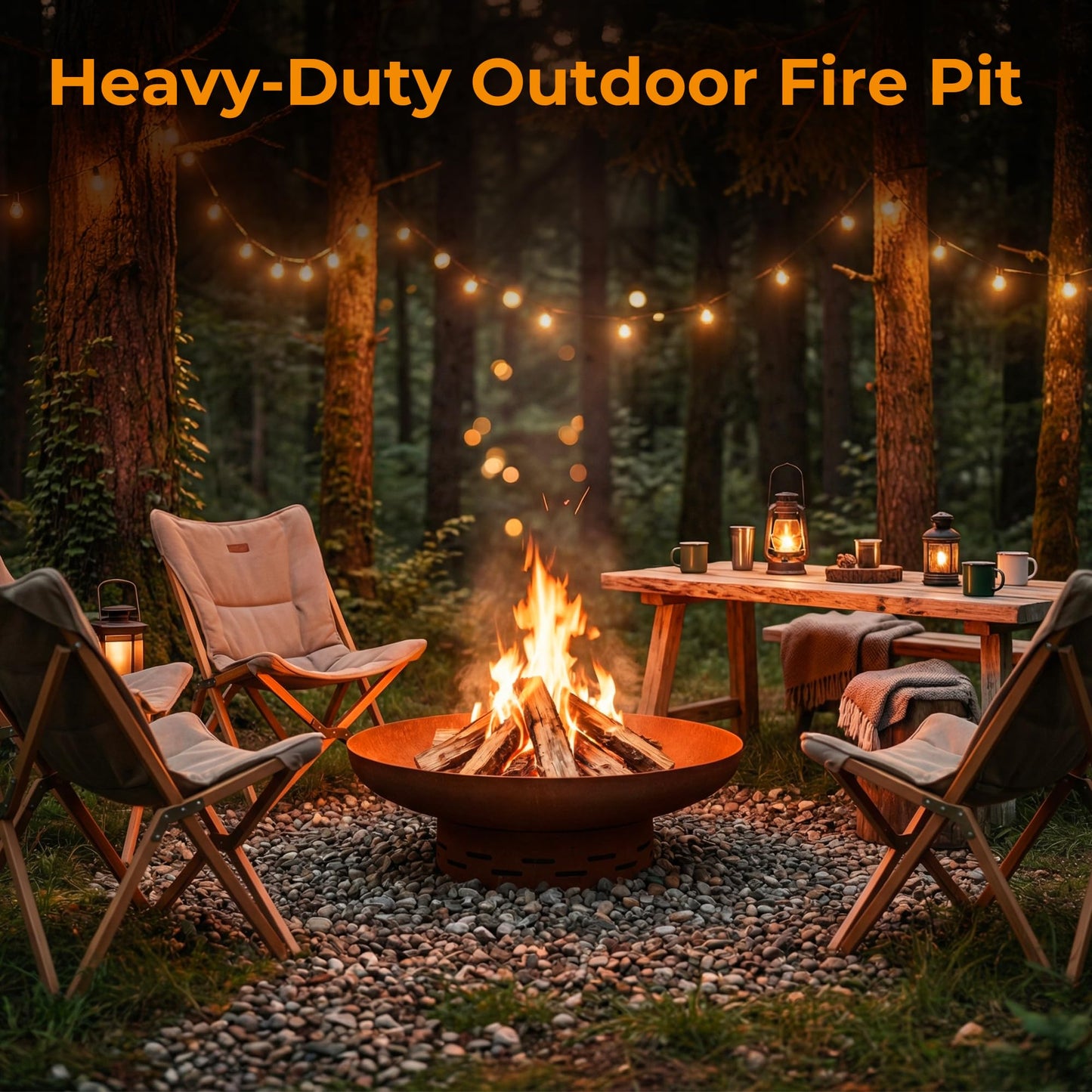 KOL Fire Pit for Outside Wood Burning, 27.5 Inch Round Firepit Bowl Outdoor and Patio, Heavy-Duty Steel Bonfire Pit Oxidized Finish, Free-Standing, Camping Backyard Terrace