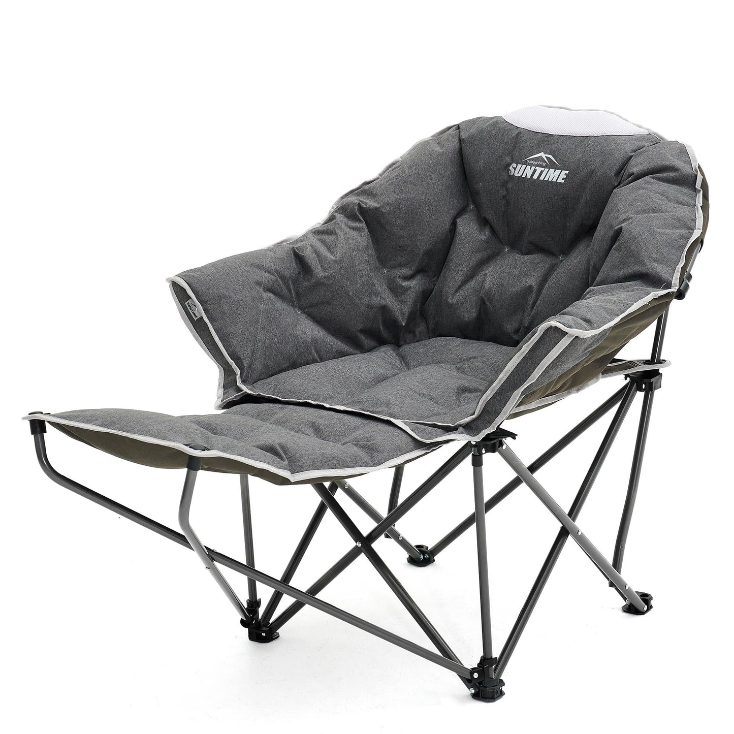 Upgrade Oversized Padded Comfy Camping Chair with Removable Leg Rest,Adjustable Cup Holder,Built-in Comfy Foam Armrest Supports,Heavy Duty Outdoor Round Folding Chair for Camping, Carry Bag, Gray