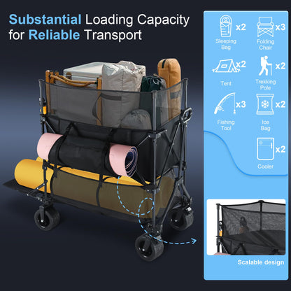 BARWING 460L Folding Large Collapsible Wagon, Heavy Duty Wagons Carts with All-Terrain Sand Wheels 600LBS,50" Extended Double-Decker Wagon with Height Extension Nets for Camping and Fishing