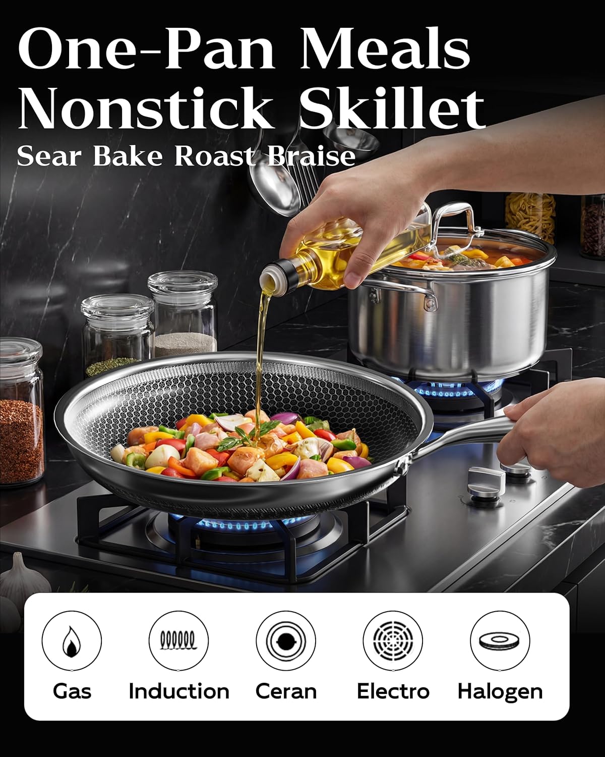 Skiennix Nonstick Frying Pan - 12-Inch Durable Stainless Steel Skillet | Induction Compatible, PFOA-Free, Dishwasher Safe