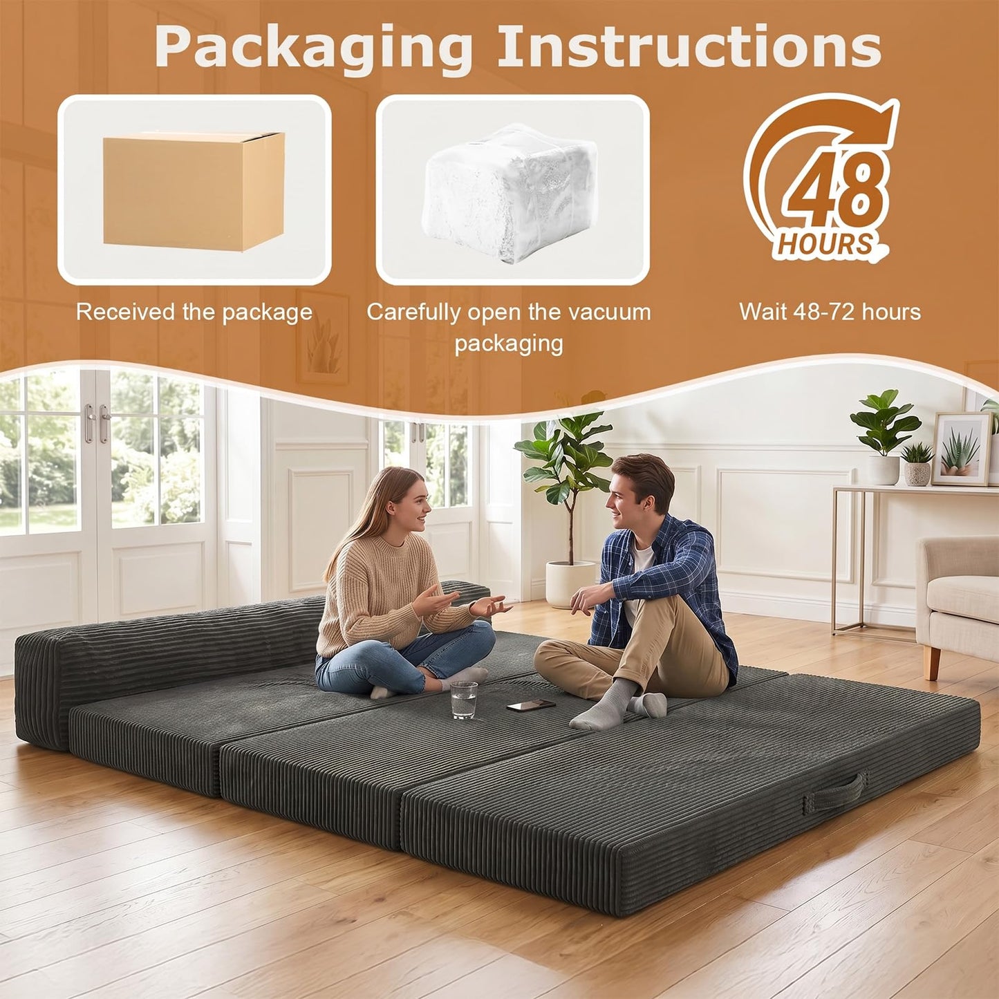 JUIKURY 5 in 1 Foldable Floor Sofa Bed, Tri-Fold Memory Foam Futon Mattress, Convertible Sleeper Couch Guest Bed, Portable Fold Out Sofa Couch for Living Room Apartment Office Guest Room