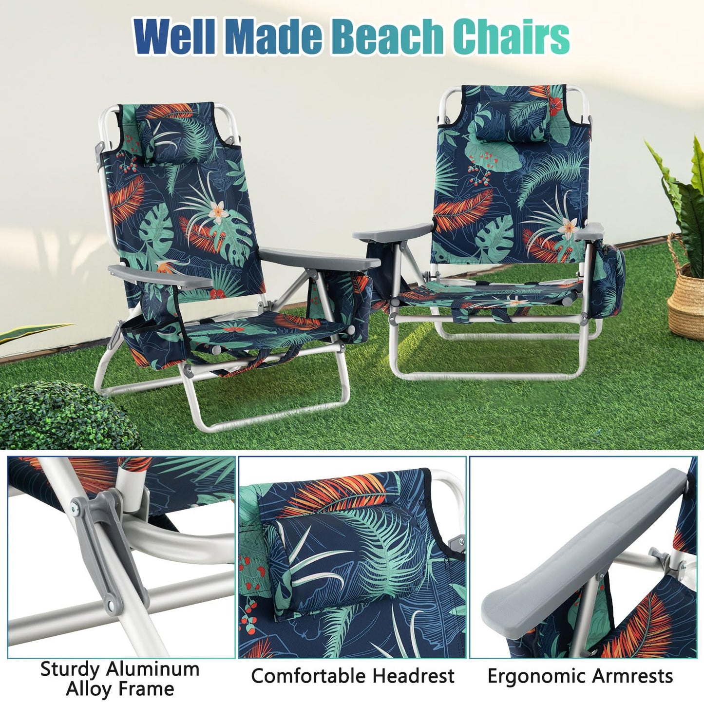 GYMAX Beach Chairs, Backpack Camping Chair with Armrest, Cooler Bag, Cup Holder, Towel Bar & Side Pockets, Sunbath Sling Tanning Lounge, Folding Layout Chair (Without Table, Flower)