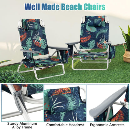 GYMAX Beach Chairs, Backpack Camping Chair with Armrest, Cooler Bag, Cup Holder, Towel Bar & Side Pockets, Sunbath Sling Tanning Lounge, Folding Layout Chair (Without Table, Flower)