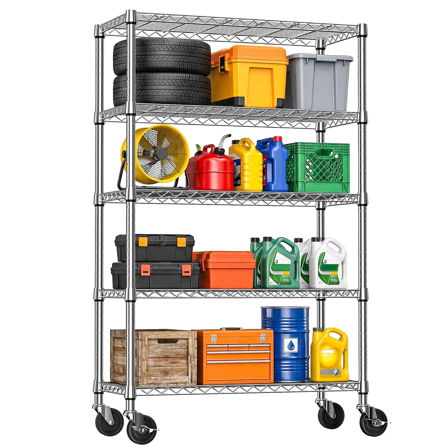 IZEUK 5-Tier Storage Shelving Unit with Wheels, Adjustable Heavy Duty Steel Wire Rack Organizer (Chrome, 17.7" D x 47.2" W x 76.7" H, 1750 lbs Capacity) for Garage, Kitchen, Pantry, Laundry, Basement