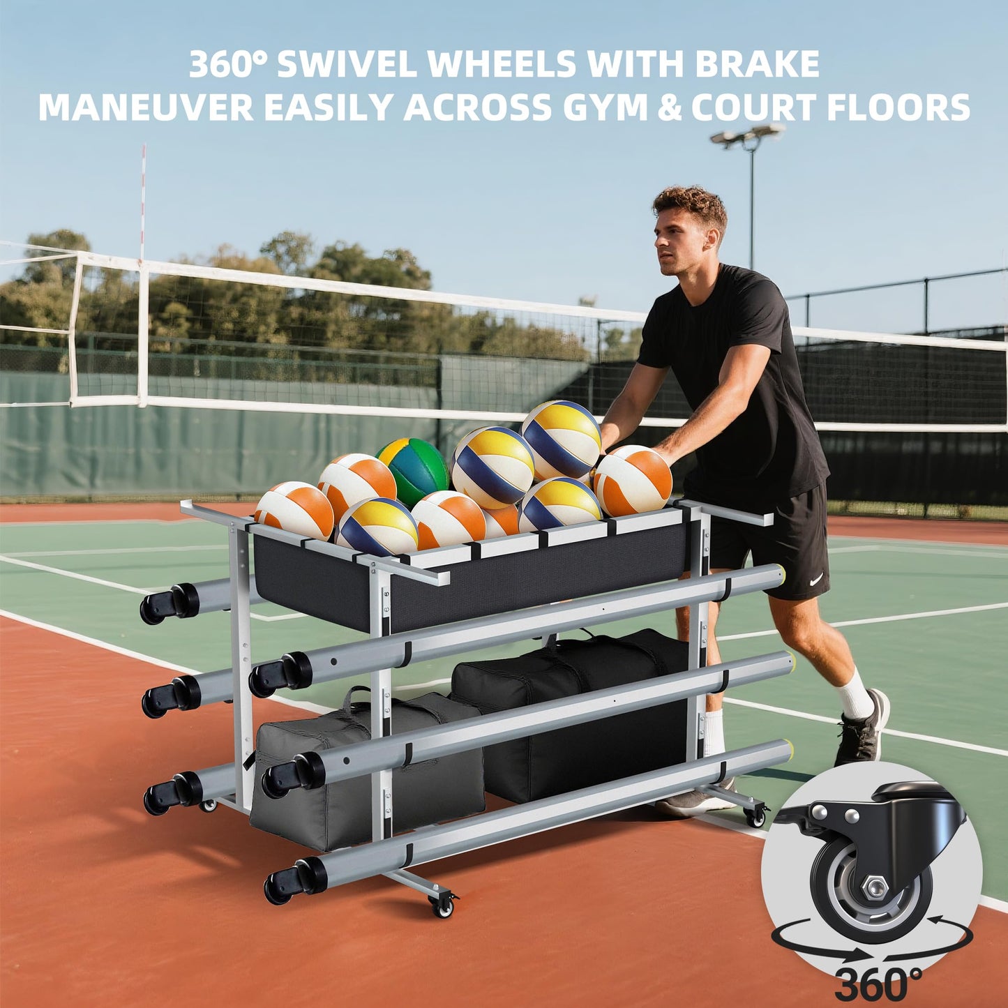 MR Volleyball Equipment Cart, Heavy-Duty Volleyball Gear Storage Trolley with 4 Removable Baskets & Lockable Wheels, Portable Volleyball Cart for Balls, Pads, Nets & Training Aids