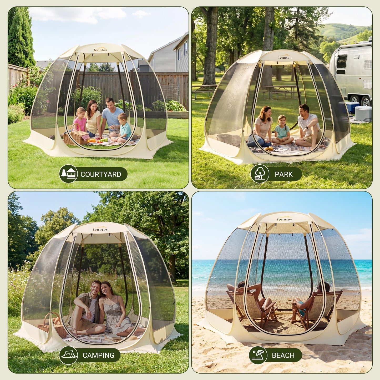 Lenotos Pop Up Screen House, 10'x10' Outdoor Screen Tent for Camping, Screened Gazebo with Mosquito Netting, Carry Bag