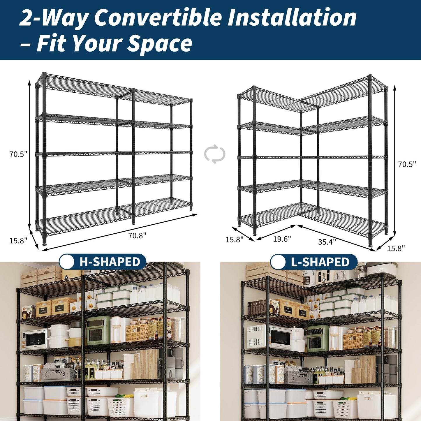 5-Shelf Heavy Duty Metal Storage Rack, 71" Wide Adjustable Wire Shelving with 1325 lbs Load Capacity, L-Shaped Design for Garage, Kitchen, Pantry, Basement, and Warehouse, 70.5" H x 15.8" D