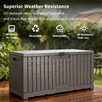 EAST OAK 120 Gallon Outdoor Storage Box, Large Resin Deck Box with Reinforced Stainless Steel Support, Waterproof & UV-Resistant Patio Storage Boxes for Cushions, Garden Tools & Pool Accessories, Grey