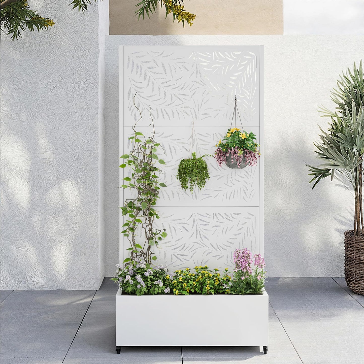 Metal Planter Box with Trellis,72"x35"x15",Galvanized Raised Garden Bed Trellis Outdoor Planter with Privacy Screen & Wheels and Drainage Holes,for Patio Climbing Vegetables,Flowers,Vines,White