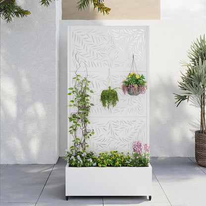 Metal Planter Box with Trellis,72"x35"x15",Galvanized Raised Garden Bed Trellis Outdoor Planter with Privacy Screen & Wheels and Drainage Holes,for Patio Climbing Vegetables,Flowers,Vines,White