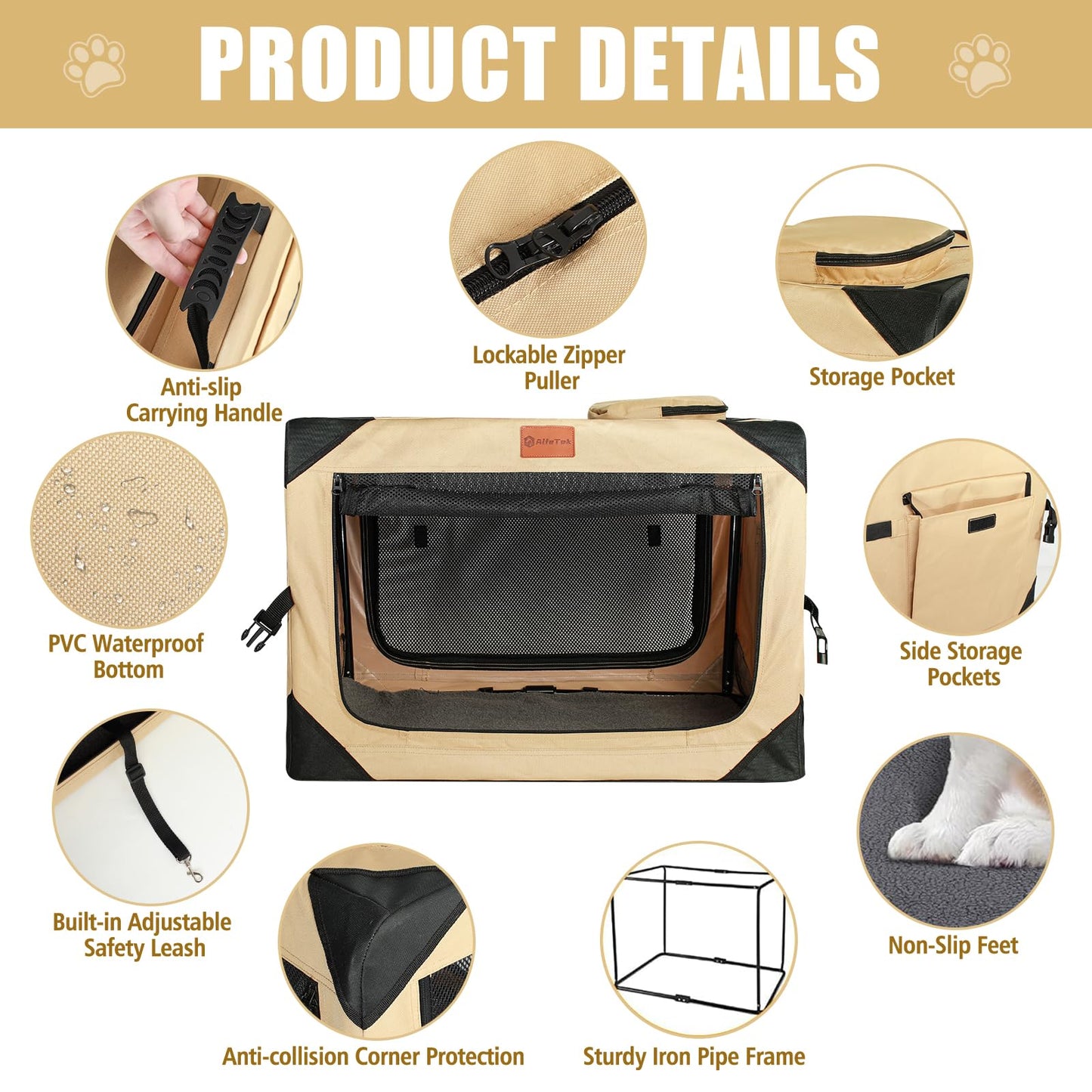 AlfaTok Collapsible & Foldable Dog Crate - Portable & Soft for Large Dogs, 36 x 25 x 25 Inch