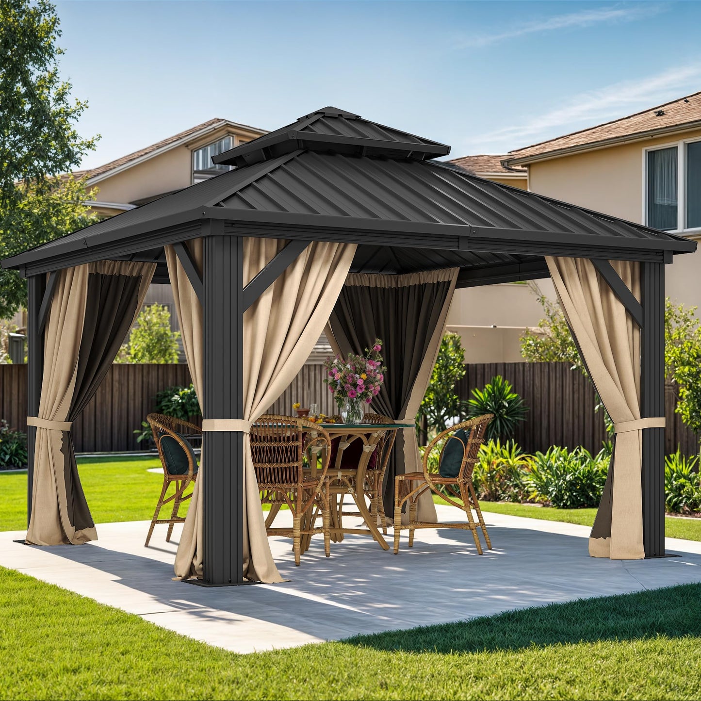 DWVO 10x10ft Hardtop Gazebo Double Roof with Nettings and Curtains, Heavy Duty Galvanized Steel Outdoor Vertical Stripes Roof for Patio, Backyard, Deck, Lawns, Brown