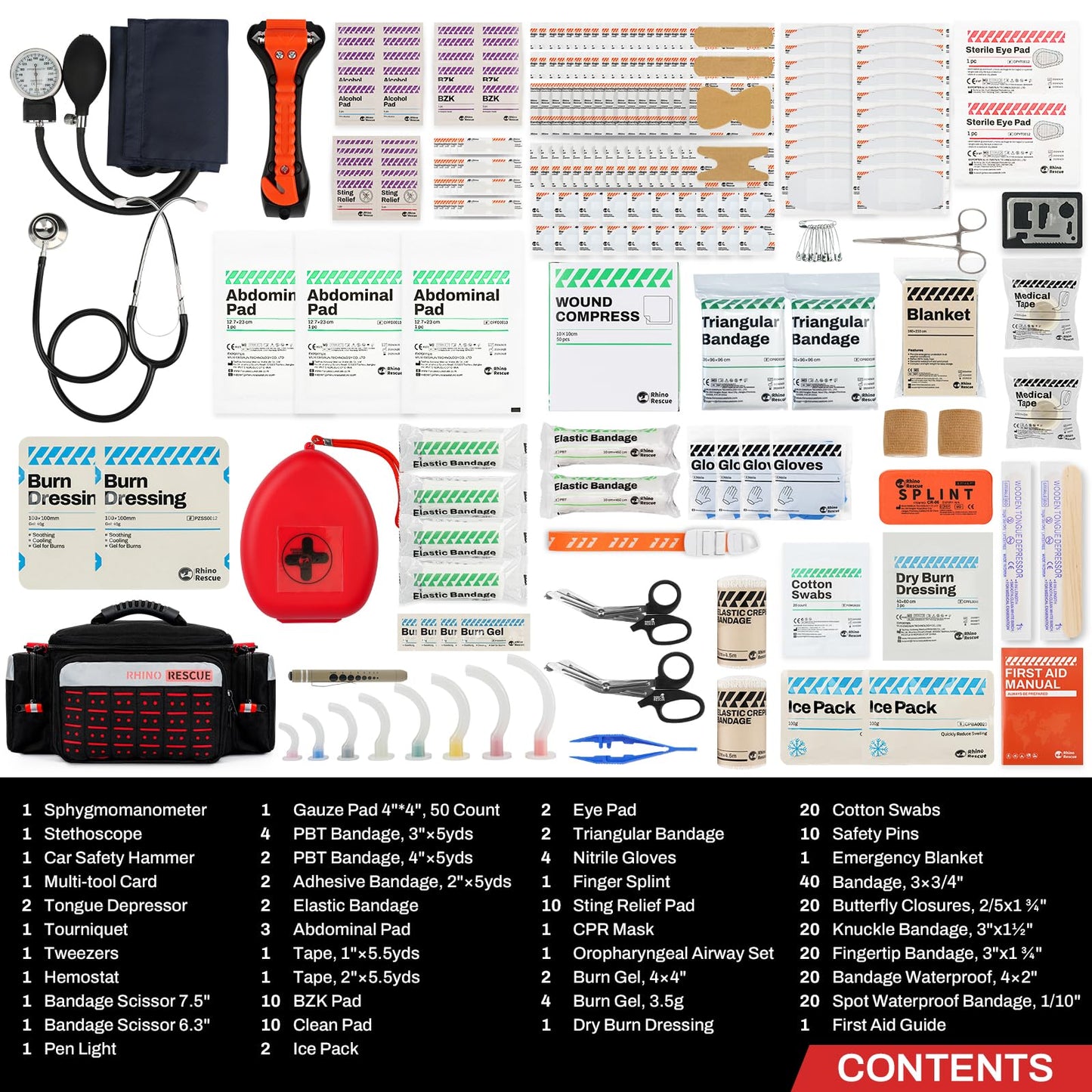 RHINO RESCUE First Responder First Aid Kit Fully-Stocked EMT Bag, Professional EMT/EMS Trauma Medical Kit, Molle System & Reflective Stripe, 300+ First Aid Supplies, Suits for Business, Home (Black)