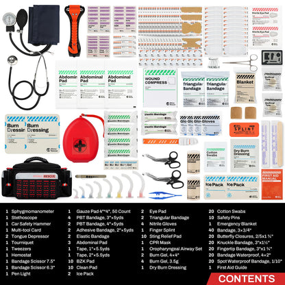 RHINO RESCUE First Responder First Aid Kit Fully-Stocked EMT Bag, Professional EMT/EMS Trauma Medical Kit, Molle System & Reflective Stripe, 300+ First Aid Supplies, Suits for Business, Home (Black)