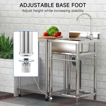 Stainless Steel Utility Sink with Faucet - Freestanding Single Bowl Sink for Commercial Kitchen, Laundry, Garage, Shop, Patio, Outdoor Prep & Wash Sink with Shelf, Fregadero Para Patio Exterior - 23In