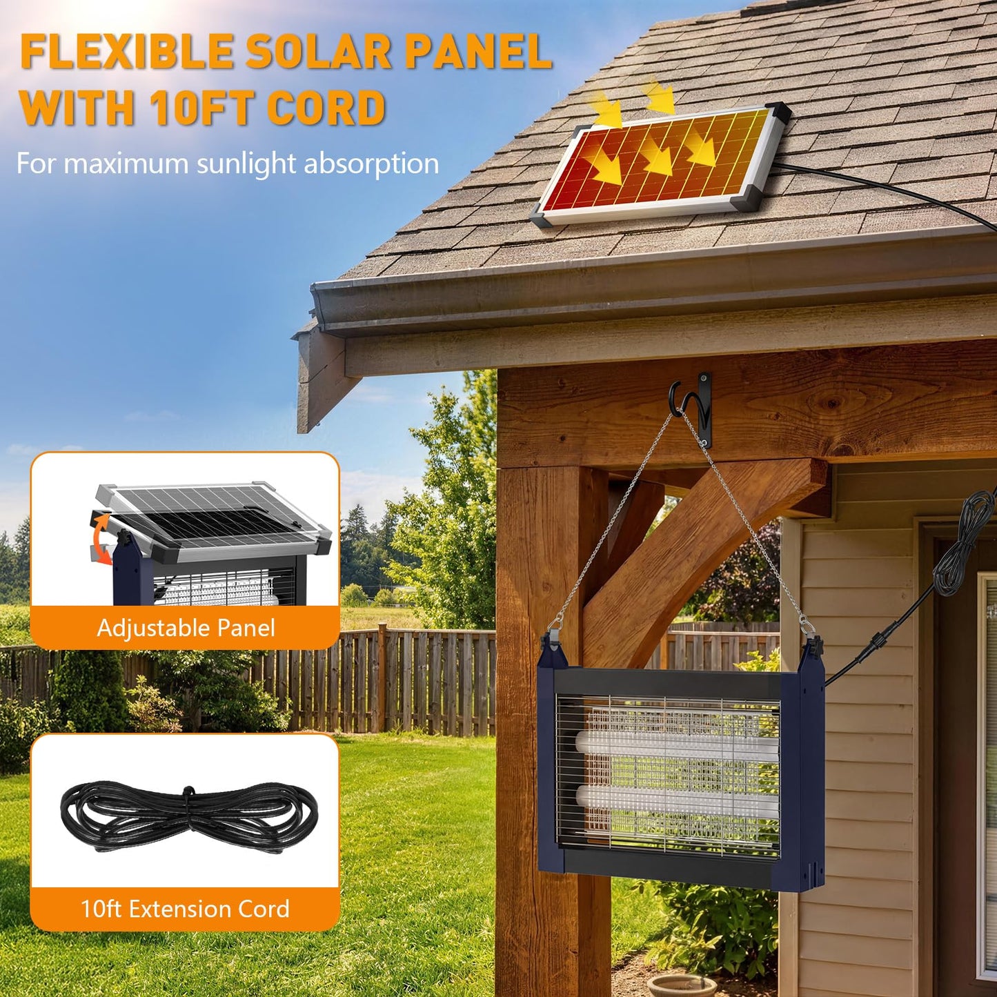 Solar Bug Zapper Outdoor, 4500V Solar Mosquito Zapper for Outdoor & Indoor, 1/2 Acre Coverage Cordless Rechargeable Electric Fly Zapper, IPX5 Waterproof Mosquito Traps for Backyard, Patio, Camping