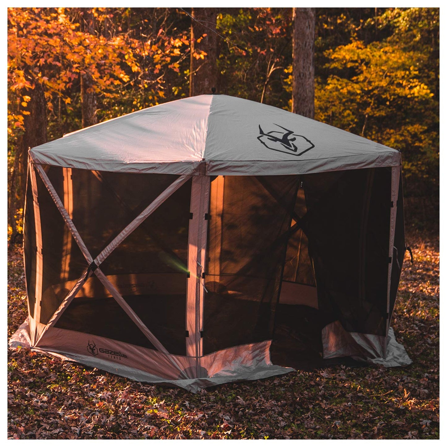 Gazelle Tents™ G6 6-Sided Portable Gazebo with TriTech Mesh, Easy Pop-Up Hub Screen Tent, Waterproof, UV Resistant, 8-Person & Table, Desert Sand, 86" x 124" x 124", GK914, Includes 3 Wind Panels