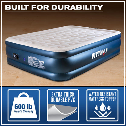 Pittman Outdoors Queen Air Mattress – 20” Deluxe Blue Double High, Queen Air Mattress with Built in Pump, 600lb Capacity, Portable Inflatable Bed with Carry Bag, Blow Up Mattress for Home & Travel