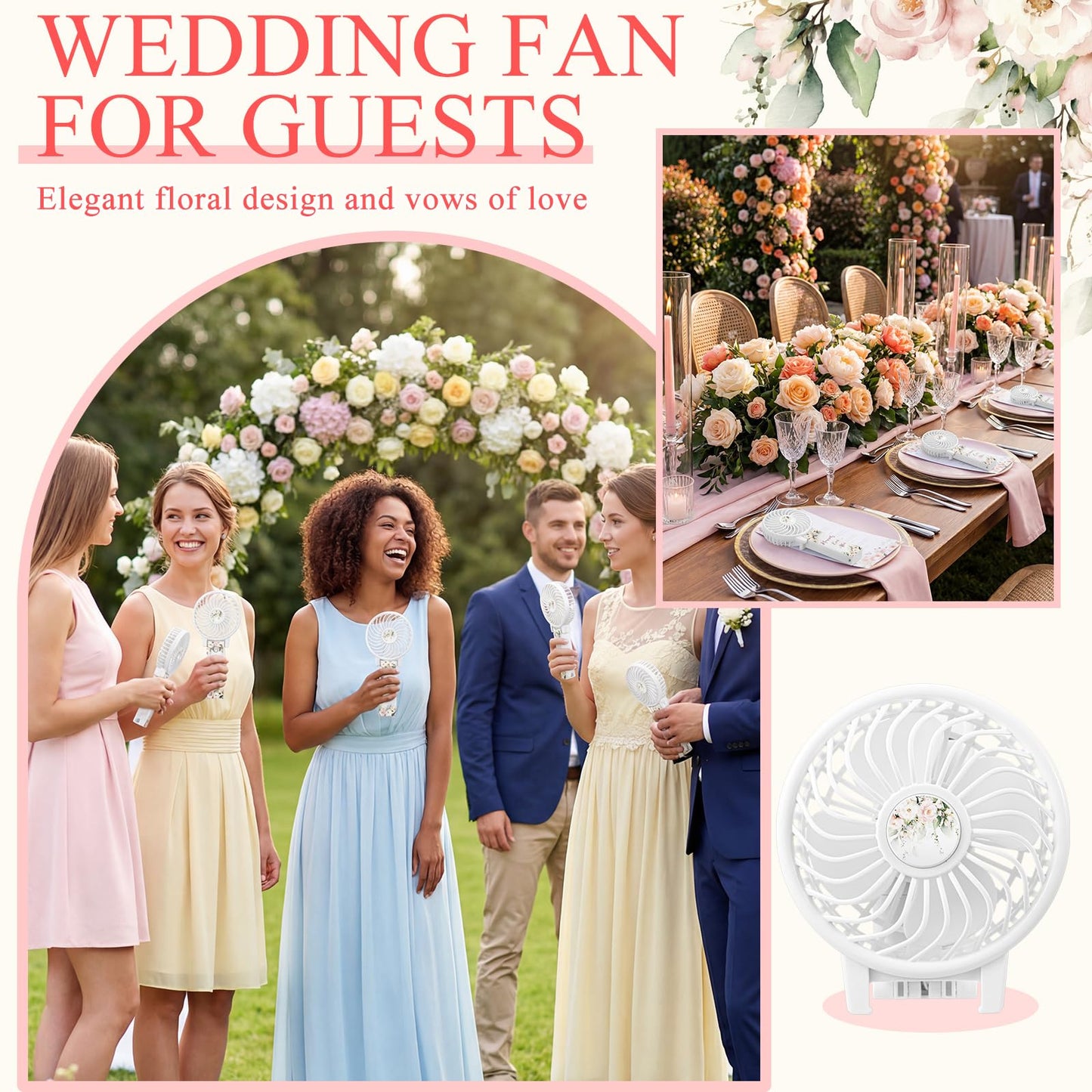 CroBlissful 48 Pcs Mini Wedding Portable Fans for Guests 180° Foldable Electric Pink Flowers Desk Fan Personal Handheld Fans Gifts Bulk for Wedding Bridal Outdoor Summer Desk Office Travel Makeup