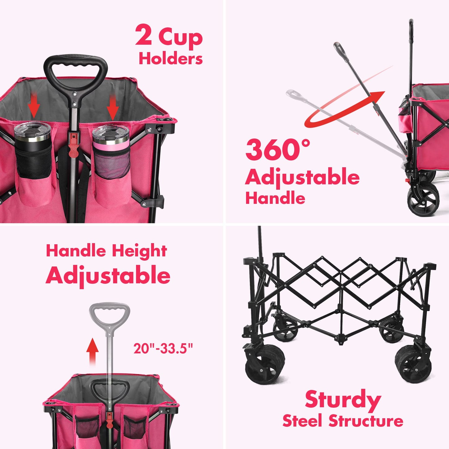 VILLEY Collapsible Folding Wagon with Big Wheels, Enlarged 225lbs Capacity, All Terrain Wagons Carts Heavy Duty Foldable, Portable Utility Garden Cart with 2 Cup Holders and Brake, Pink.