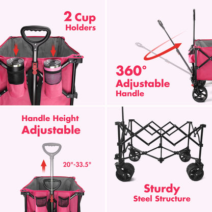 VILLEY Collapsible Folding Wagon with Big Wheels, Enlarged 225lbs Capacity, All Terrain Wagons Carts Heavy Duty Foldable, Portable Utility Garden Cart with 2 Cup Holders and Brake, Pink.