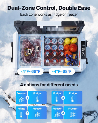 VEVOR Car Refrigerator, DC 12/24V AC100-240V Compressor Electric Cooler, -4°F to 68°F Truck Refrigerator with APP Control, Wheels & Dual Zone, 37 QT Cars Cooler for RVs, Boats, Camping, Fishing