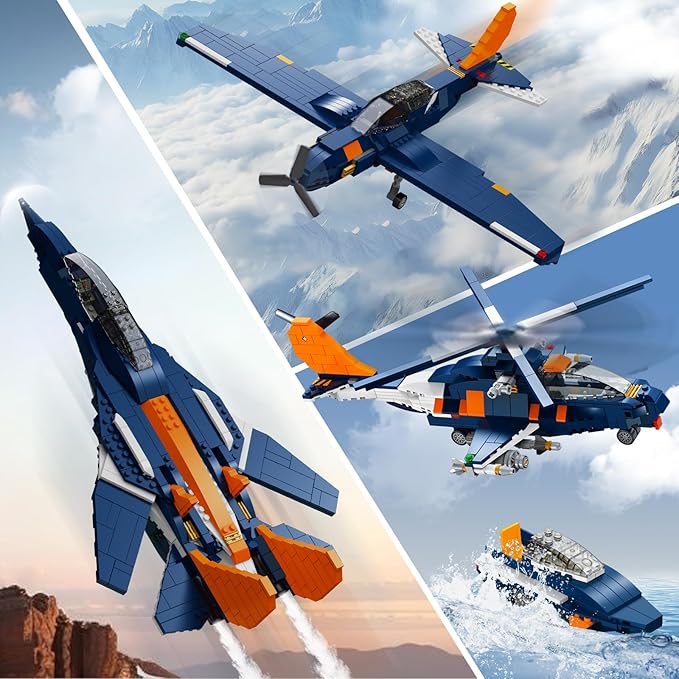 HOGOKIDS 3 in 1 Fighter Jet Plane Building Sets Military Propeller Aircraft Gunship Building Toys with Vehicle/Rocket Launcher/Speedboat Model Toys Birthday Gift for Kids Boys and Girls 10+ 738PCS