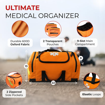 Large EMT Trauma Bag – Fully Stocked First Aid Kit with Tourniquet, Gauze, CPR Mask, Trauma Shears & Emergency Medical Supplies – Orange