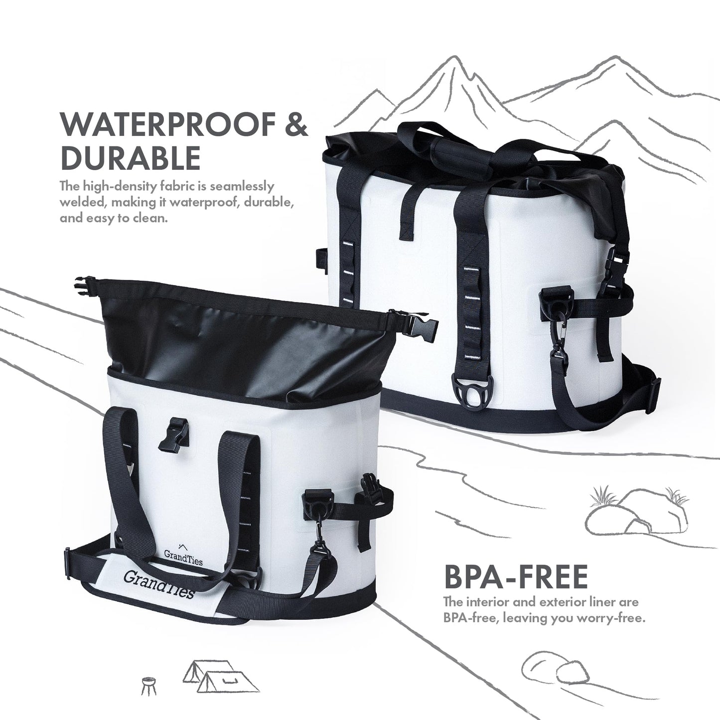 GrandTies 40 Can Portable Soft Cooler Bag - High-Performance Large Cooler - Leak Proof Waterproof Insulated Cooler Bag - Portable Ice Chest for Outdoor, Fishing, Beach, Travel, Car, Camping - White