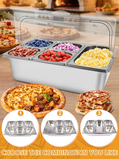 Kalolary Pizza Topping Storage Station, 7 Grids Stainless Steel Condiment Containers with Flip Lids Spoons Ice Box Food Tongs Ice Food Serving Display Container Salad Bar Buffet Station for Party