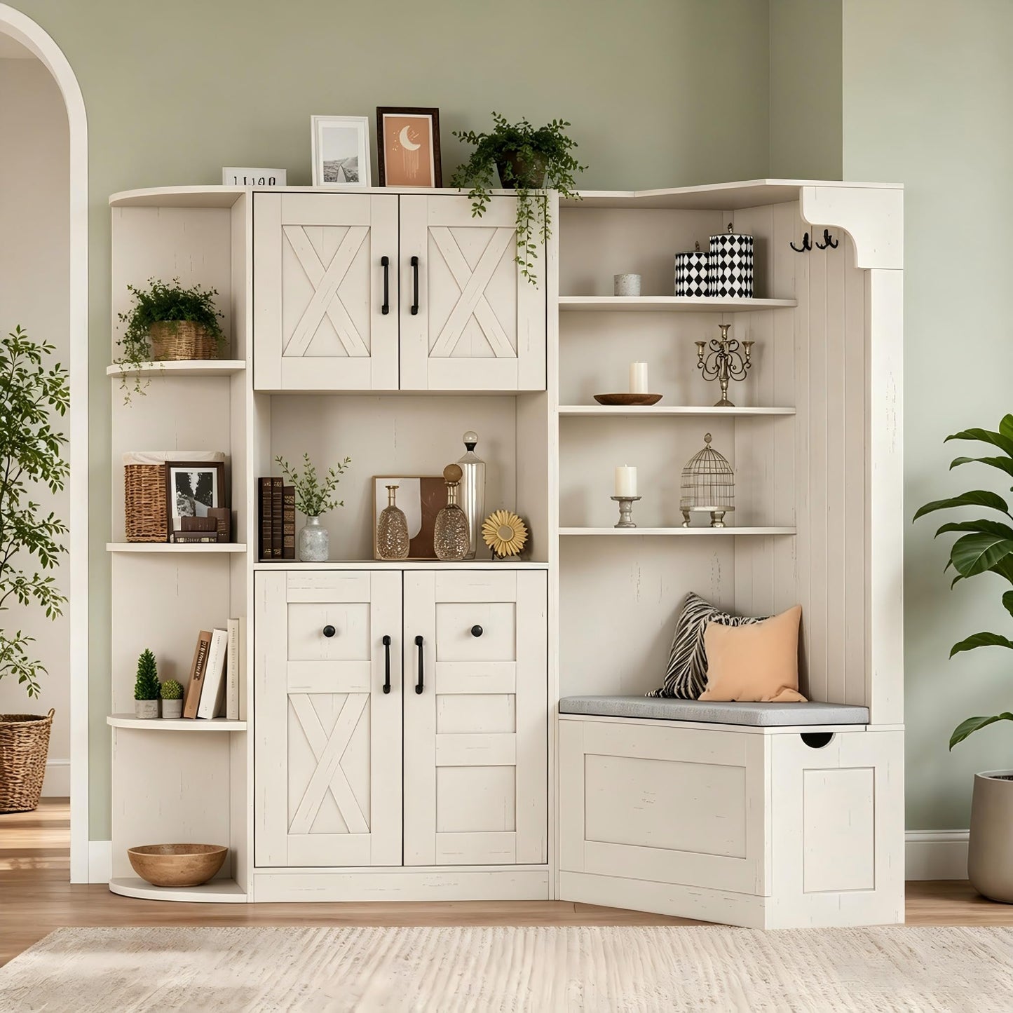 KEIKI Multifunction Entryway Storage Cabinet Set with Bench, Modular Hallway Organizer with Hooks, Open Shelves, Hidden Storage, Farmhouse Accent Cabinet for Living Room, Kitchen, Entryway, Beige