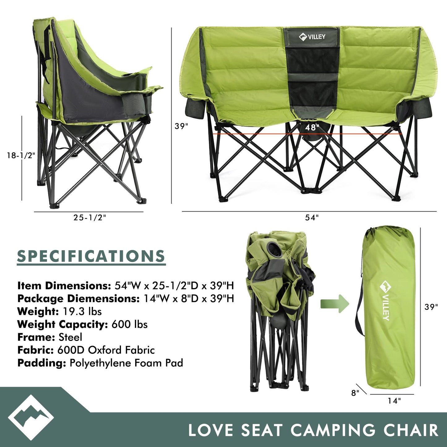 VILLEY Double Camping Chair w/Cooler Bag, Extra Wide Loveseat, Heavy Duty Padded Camping Couch, Portable Folding Chair w/Carry Bag Steel Frame Cup Holders for Camp Lawn Picnic Sports, Support 600LBS