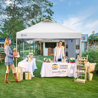 CROWN SHADES Canopy Tent 10x10 Pop Up Canopy Outdoor Shade with Pockets Sidewall, Easy Up Sun Shelter with One Person Set Up Center Lock, Portable Instant Camping Beach Canopy Tents, Grid White