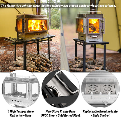 POMOLY Camping Tent Stove Wood Stove, Dweller Ultra 4 Stainless Steel Wood Burning Stove and Stove Frame Base for Cooking, Heating (with 4 Glasses)