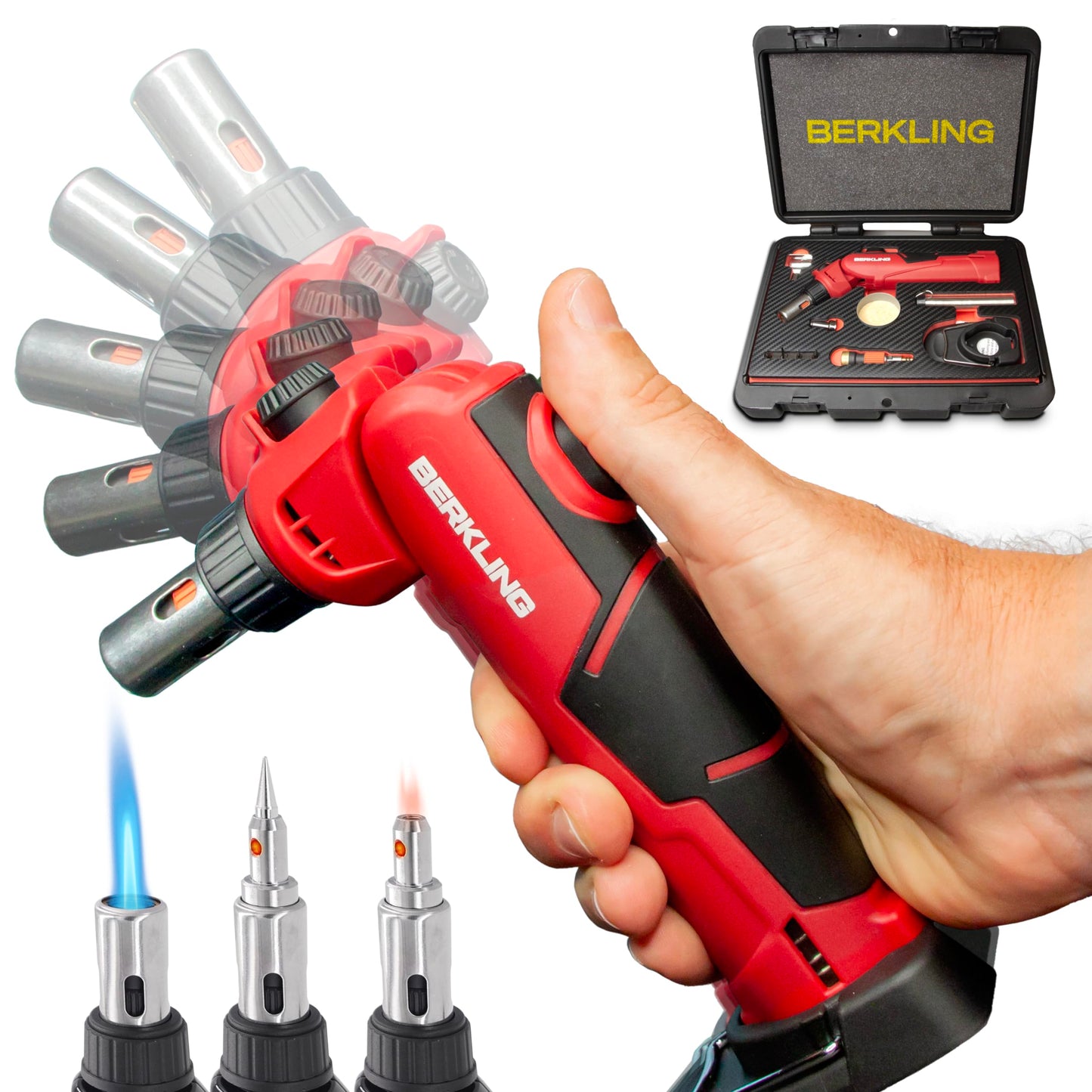 Berkling BSG-2000 Cordless Butane Soldering Torch Kit, 5-Way Adjustable Head, Multi-Functional Soldering | Heat Gun | Blow Torch, 90 Mins Runtime, 12 Attachments & A Sturdy Carrying Case (RED)