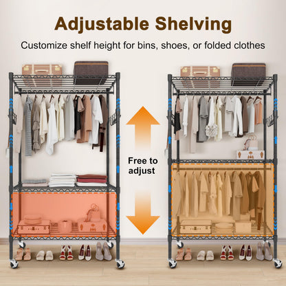 Whitmor 3 Tier Rolling Garment Rack, Heavy Duty Adjustable Metal Clothing Rack with Side Hooks, Double Rods & 360° Lockable Wheels, Max 600LBS for Hanging Clothes, 43" L x 18" W x 80" H, Black