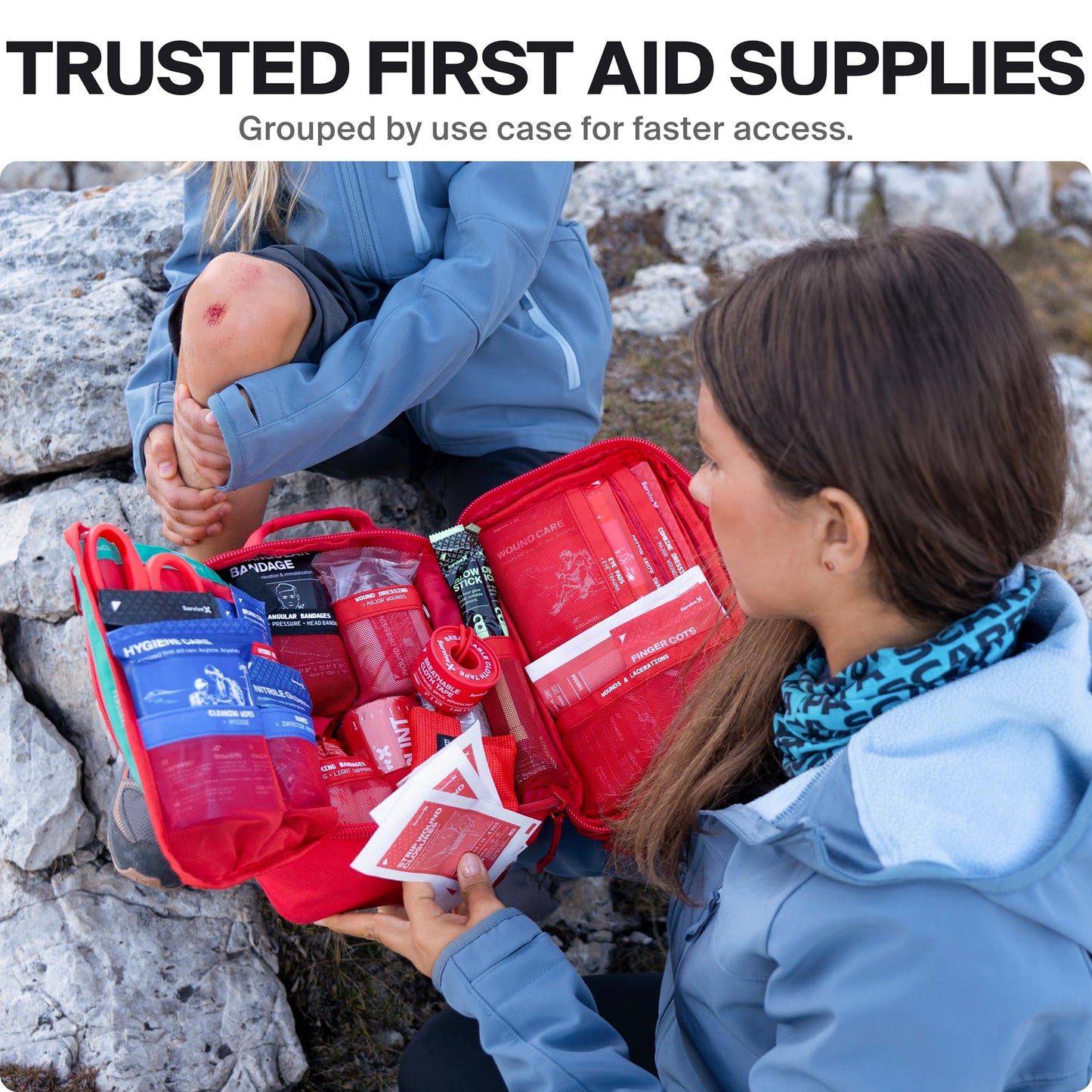 SurviveX Large First Aid Kit for Car, Travel & Home - Emergency Kit for Hiking, Camping, Backpacking and Outdoors - Includes Zip Stitch Wound Closure Strips