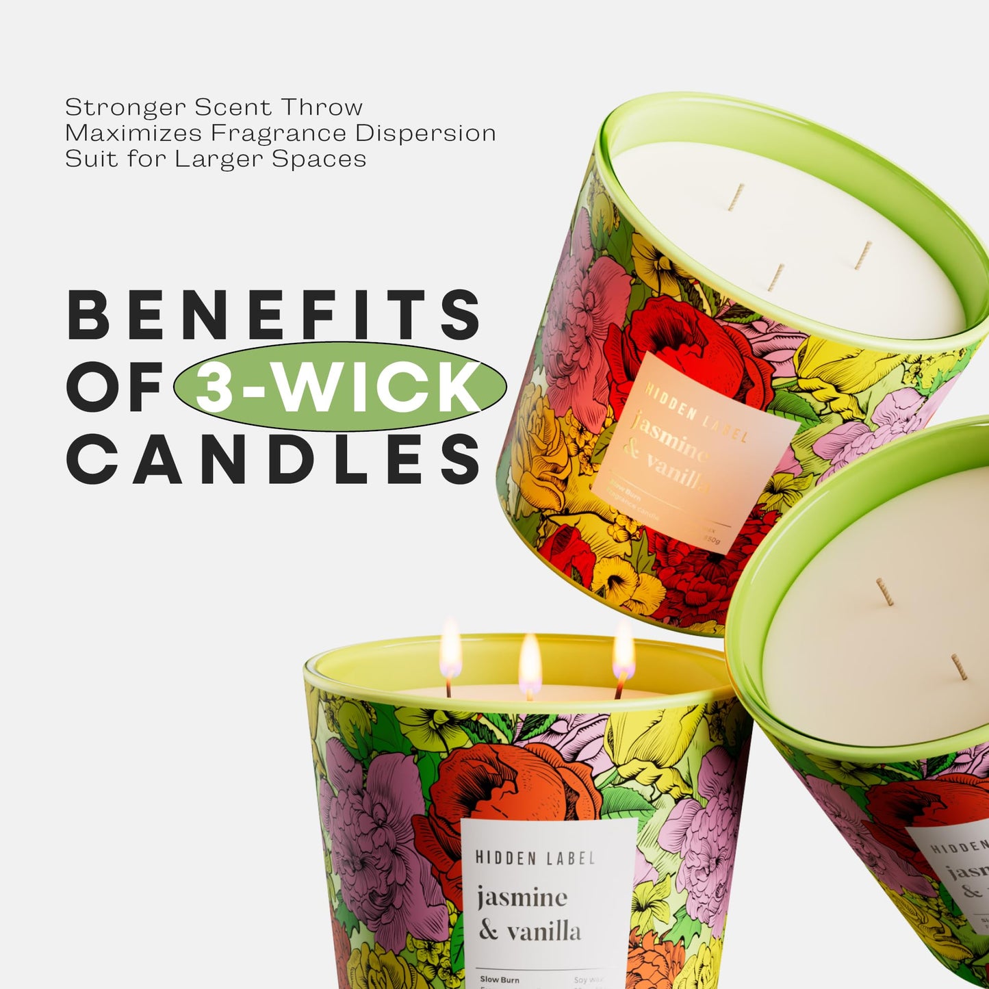Big Candle, Vanilla Jasmine Scented Candle, 30oz Natural Soy Wax, 3-Wick Large Candles for Home, Up to 100Hours Long-Lasting,Clean Burn,Non Toxic Aromatherapy Candle Gift for Women,Men,Large Rooms
