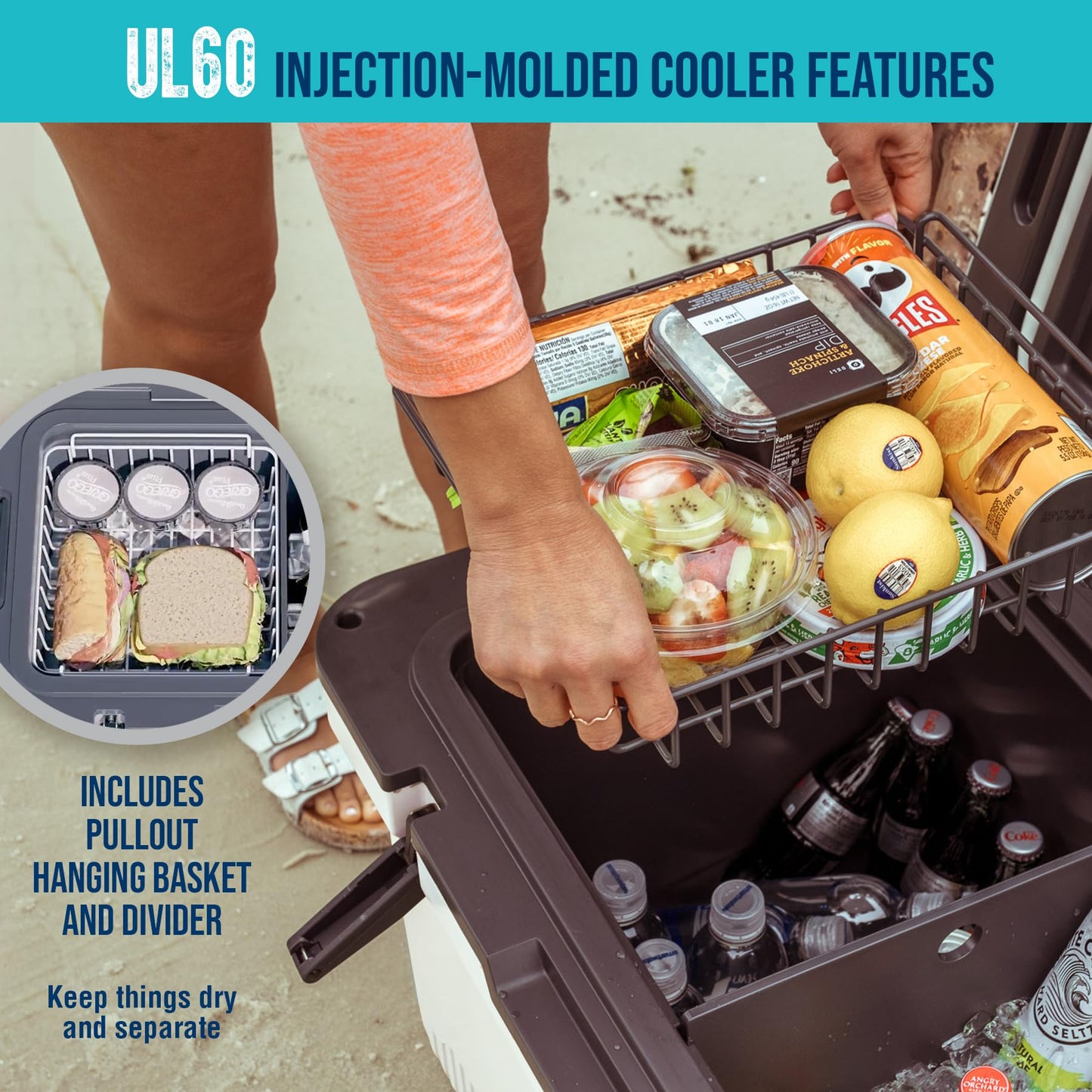 ENGEL 60 QT Ultra-Light Injection Molded Cooler - Ice Chest Keeps Ice up to 7 Days - Large Cooler Includes Wire Basket, Divider and Built-in Bottle Opener - White with Dark Grey Interior (White)