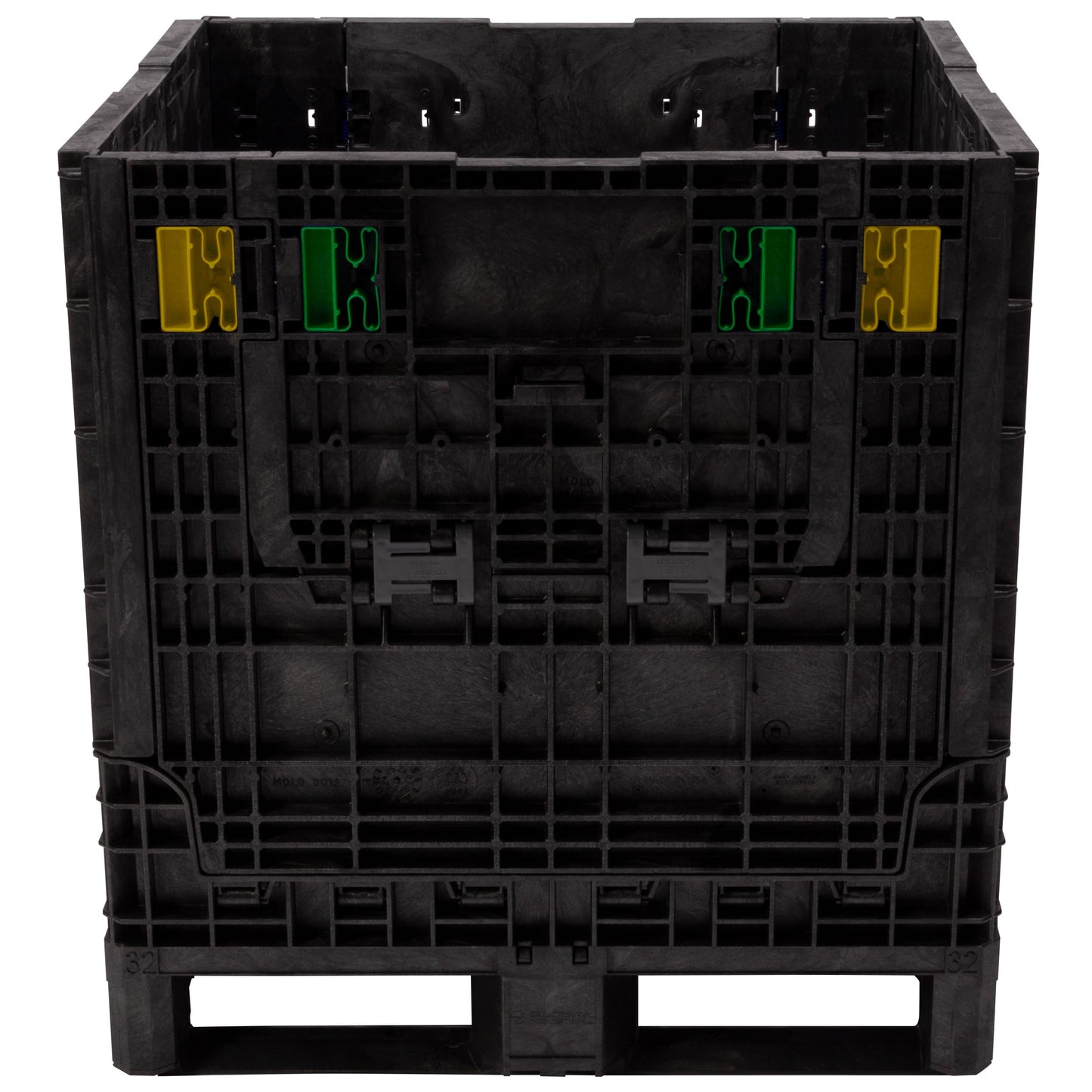 Buckhorn 32" x 30" x 34" Collapsible Bulk Box Container, Standard Duty Plastic Stacking Gaylord Box with 4-Way Forklift Access and 2 Drop Doors, 1700 lb Capacity Storage Tote, Black (BN32303420)