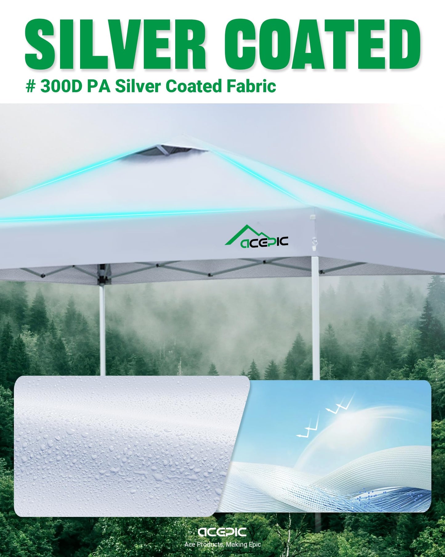 Acepic 10x10 Pop Up Canopy Tent, One Push Instant Outdoor Gazebo with Vented Top, Upgraded 300D Silver Coated Sun Shade for Parties Camping Vendor, Includes Wheeled Bag and 4 Sandbags, White