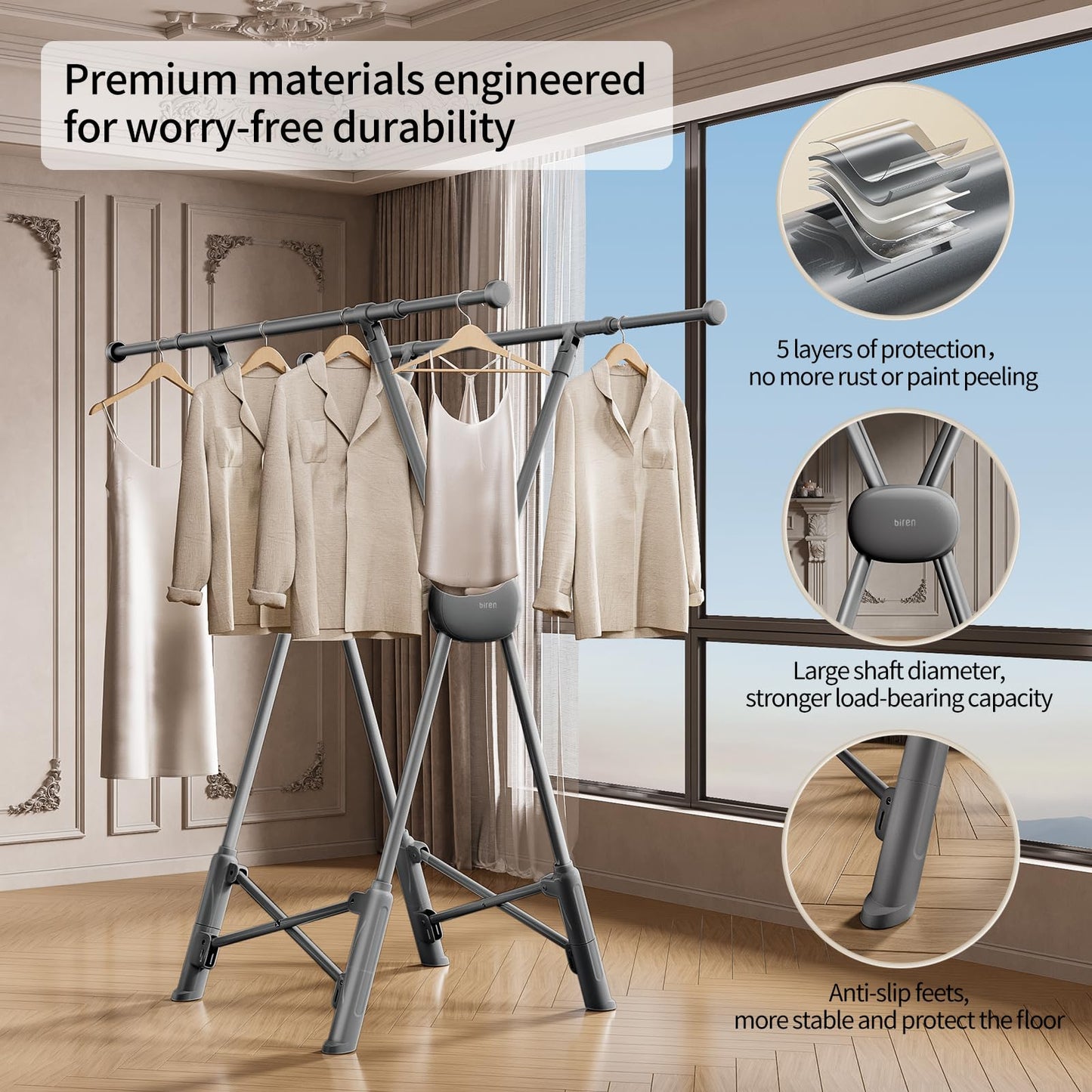 BIREN Clothes Drying Rack Heavy Duty Clothing Racks Foldable Laundry Rack Two Drying Modes Garment Racks for Drying Clothes, Adjustable Length from 32-55 Inches for Indoor Outdoor Use