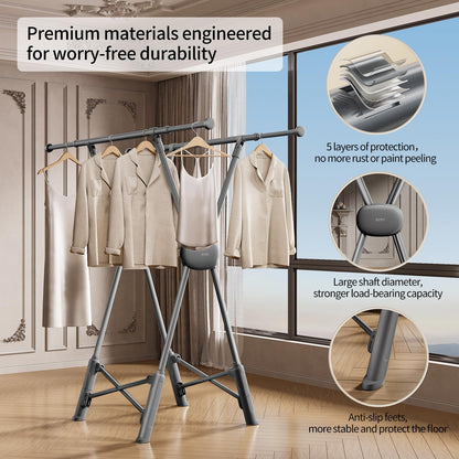 BIREN Clothes Drying Rack Heavy Duty Clothing Racks Foldable Laundry Rack Two Drying Modes Garment Racks for Drying Clothes, Adjustable Length from 32-55 Inches for Indoor Outdoor Use