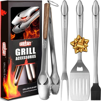 GRILLART BBQ Tools Set - 18-Inch Stainless Steel Grilling Accessories | Tongs, Spatula, Fork & Brush - Perfect Gift for BBQ Lovers
