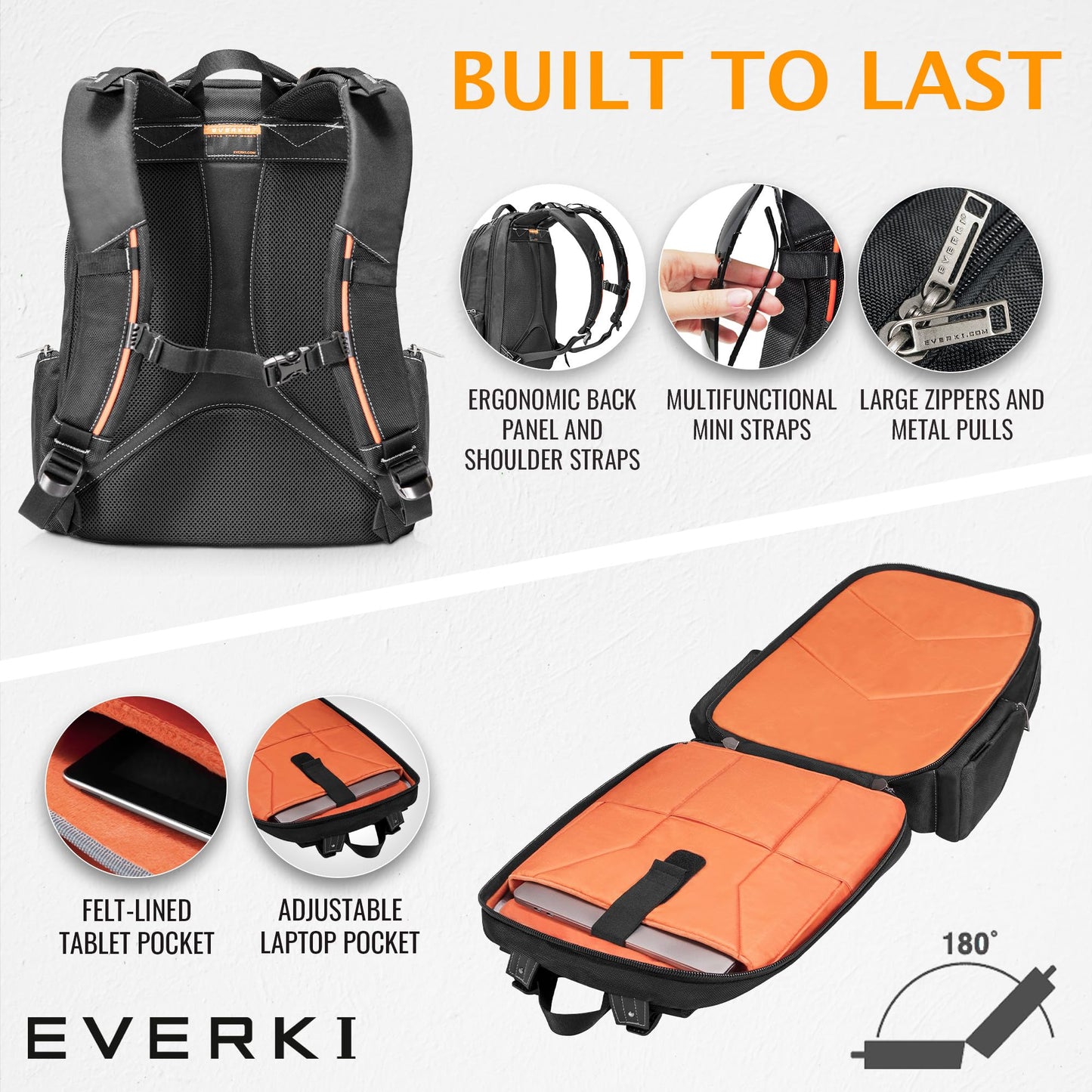 EVERKI Flight Business Laptop Backpack (EKP119) with Orange Accessory Pouch & Rain Cover - Men's Backpack with 16" Compartment, 28.5L Capacity - Flight Business Backpack, Pouch & Cover Bundle