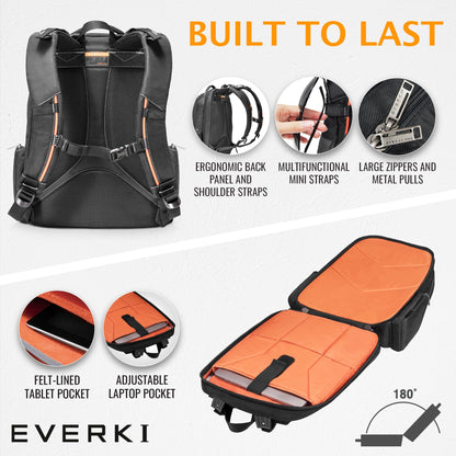 EVERKI Flight Business Laptop Backpack (EKP119) with Orange Accessory Pouch & Rain Cover - Men's Backpack with 16" Compartment, 28.5L Capacity - Flight Business Backpack, Pouch & Cover Bundle