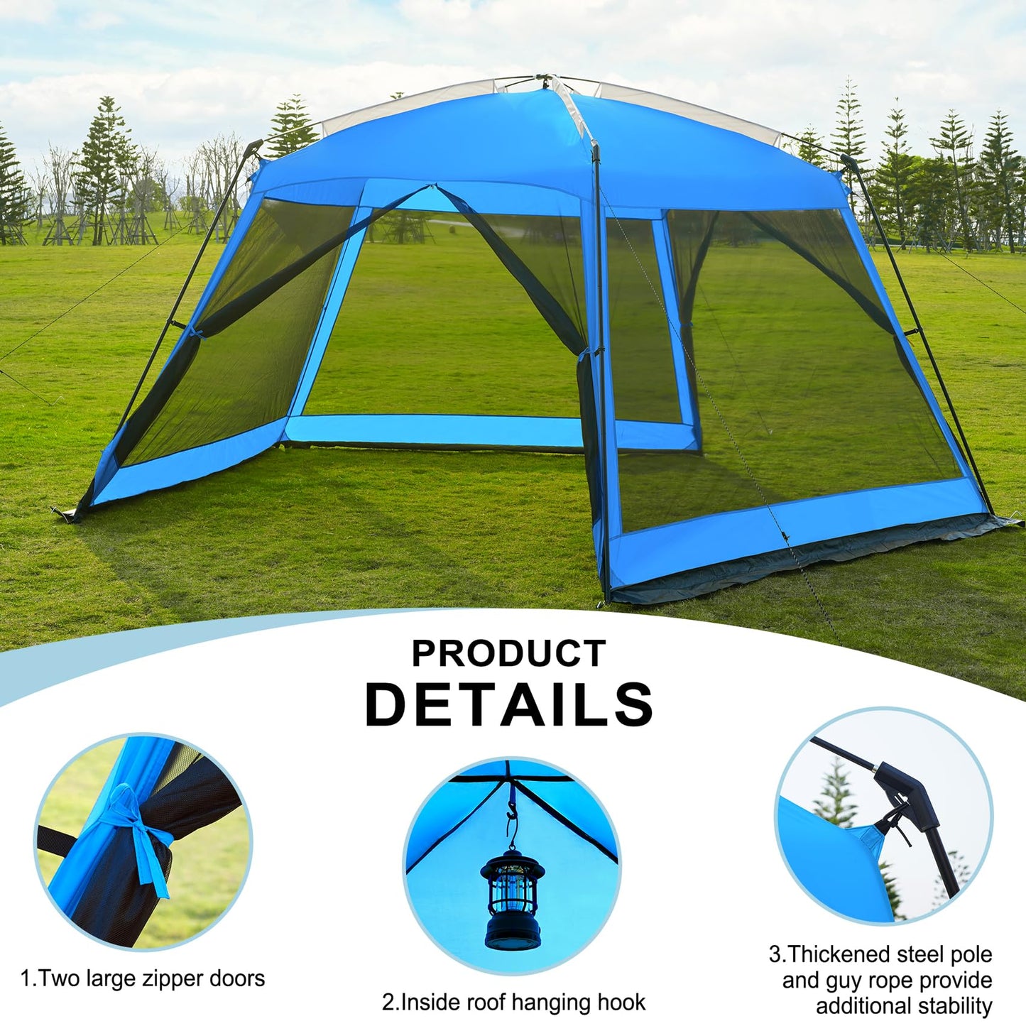 Hyper Venture Screen House 14x14ft Canopy Tent with 5-Sided Netting, Easy Setup, Portable Gazebo Shelter for Outdoor Camping, Gathering, Party, Picnic, Blue