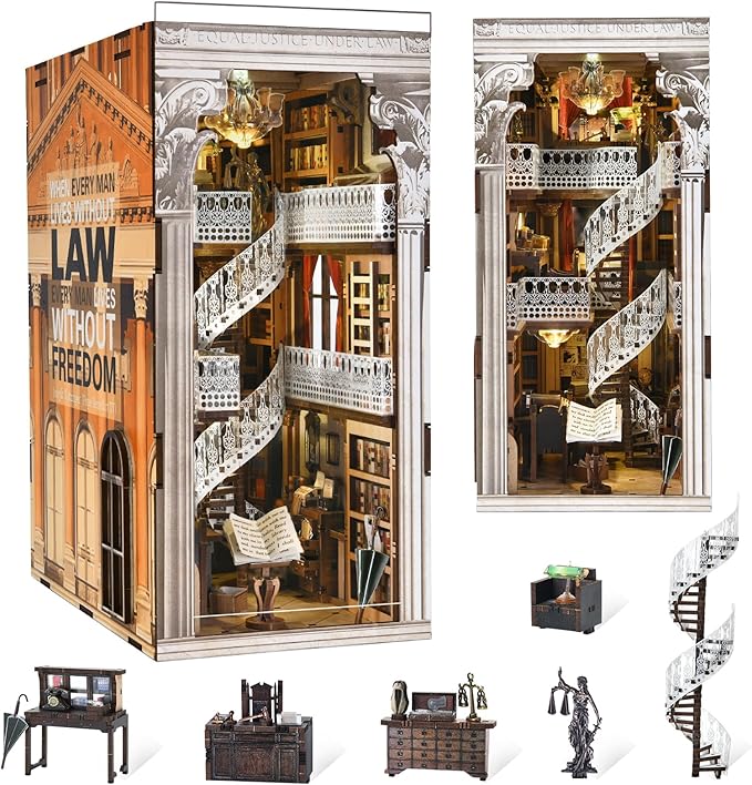 DIY Book Nook Kit for Adults 3D Wooden Puzzle Bookend Bookshelf Insert Decor with LED Light and Dust Cover (Law Library)
